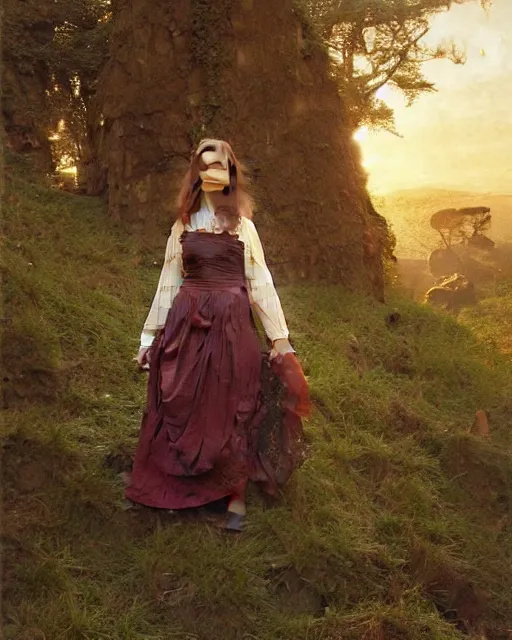 Image similar to a well - lit, realistic portrait painting of a thoughtful girl resembling a young, shy, redheaded irish alicia vikander or millie bobby brown wearing peasant dress in moss - covered ancient stone ruins at sunset, highly detailed, intricate, concept art, artstation, by donato giancola, ron cobb, and william adolphe bouguereau