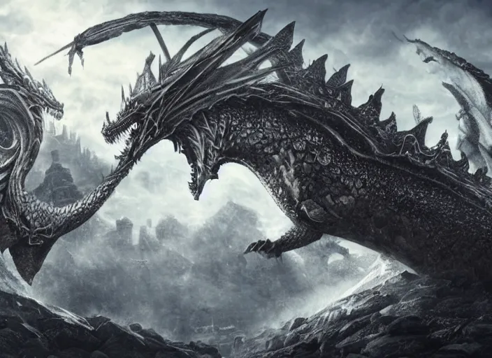 Image similar to giant ice dragon attacking an ancient castle, highly detailed, 4 k, hdr, award - winning, directed by zack snyder, trending on art station, matte