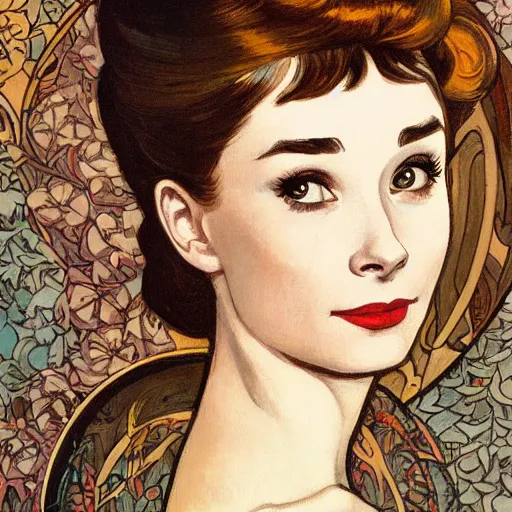 Image similar to romantic painted portrait of audrey hepburn by james jean, mucha