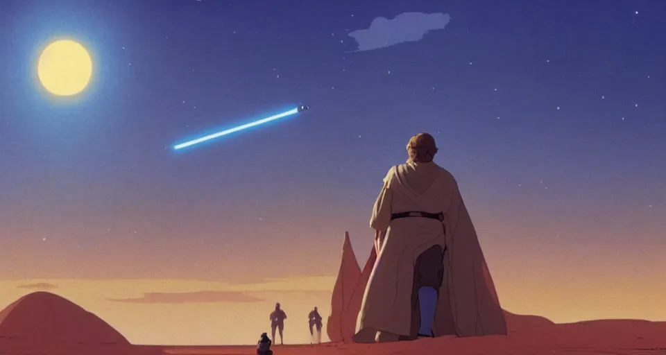 Image similar to beautiful wide shot tatooine landscape, obi wan kenobi, Luke skywalker, land-speeder, Star Wars a new hope 1977, studio ghibli, Miyazaki, Greg rutkowski, Jean girard, Moebius , animation, golden hour, highly detailed, hdr, vivid color, 70mm