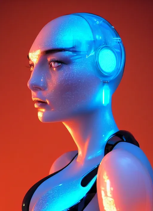 Image similar to a beautiful female humanoid with freckles cheeks, cyber neon lighting, retro futurism, intricate futuristic jewelry, retro futuristic glossy latex bikini, transparent plastic sleeveless vest, profile posing, hyper photorealistic, crispy quality, digital photography, trending in artstation, trending in pinterest, cinematic, 4 k ultra hd, art by pascal blanche, art by greg rutkowski,