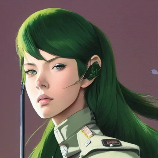 Image similar to manga girl in a green military uniform, fine - face, scarlett johanson, realistic shaded perfect face, fine details. anime. realistic shaded lighting poster by ilya kuvshinov katsuhiro otomo ghost - in - the - shell, magali villeneuve, artgerm, jeremy lipkin and michael garmash and rob rey