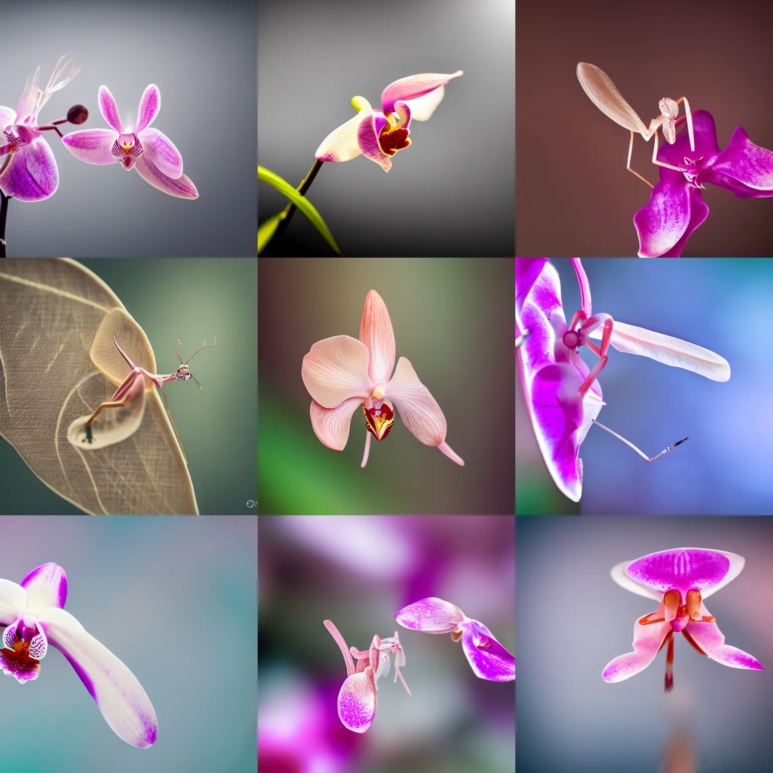 Prompt: macro photography of orchid mantis, bokeh effect, atmospheric dust, dramatic light, 8 k, award - winning