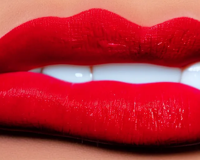 Image similar to big plump lips with red lipgloss reflecting on the surface. closeup