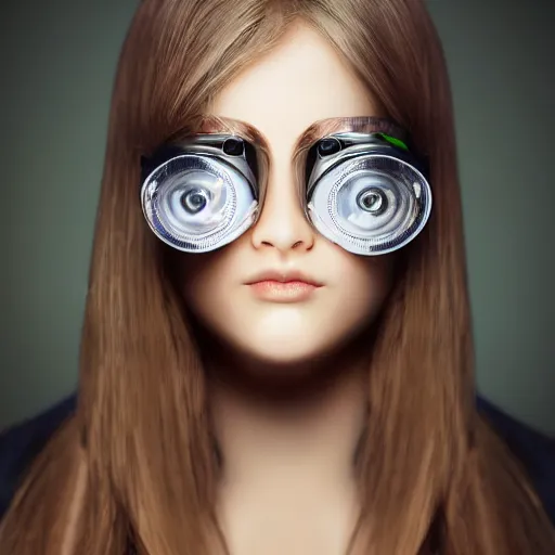 Image similar to portrait photograph of an extremely beautiful!!!! young female, symmetric face!, symmetric round detailed eyes!!, slight smile, natural light, wearing night vision goggles!! looking at the camera!!. super resolution. extremely detailed. graflex camera!, bokeh!!!!! trending on artstation.