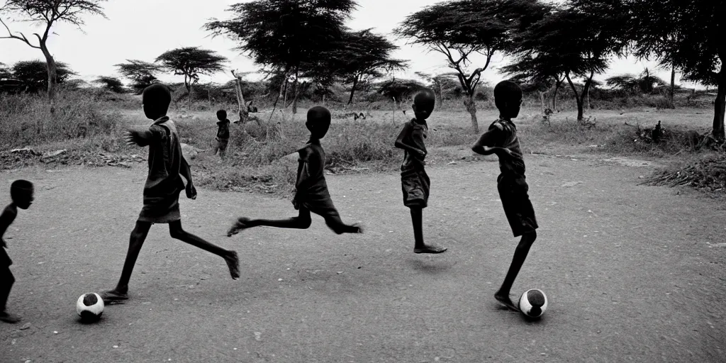 Image similar to kenyan village, black kids playing football, film photography, exposed b & w photography, christopher morris photography, bruce davidson photography, peter marlow photography