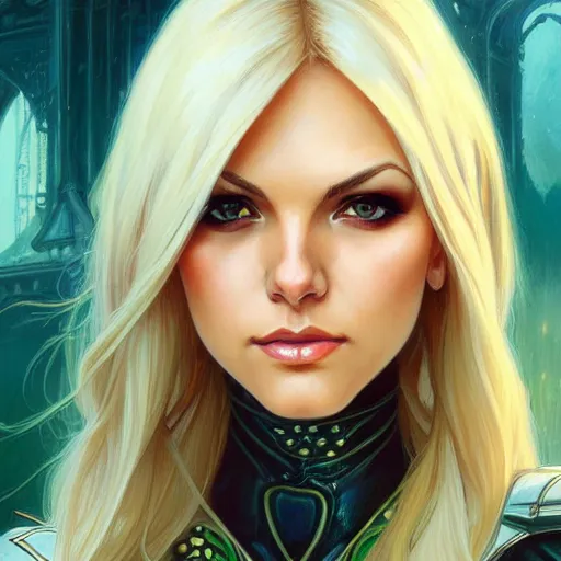 Prompt: Blonde Victoria Justice with green eyes as Emma Frost, western, D&D, fantasy, intricate, elegant, highly detailed, digital painting, artstation, concept art, matte, sharp focus, illustration, art by Artgerm and Greg Rutkowski and Alphonse Mucha