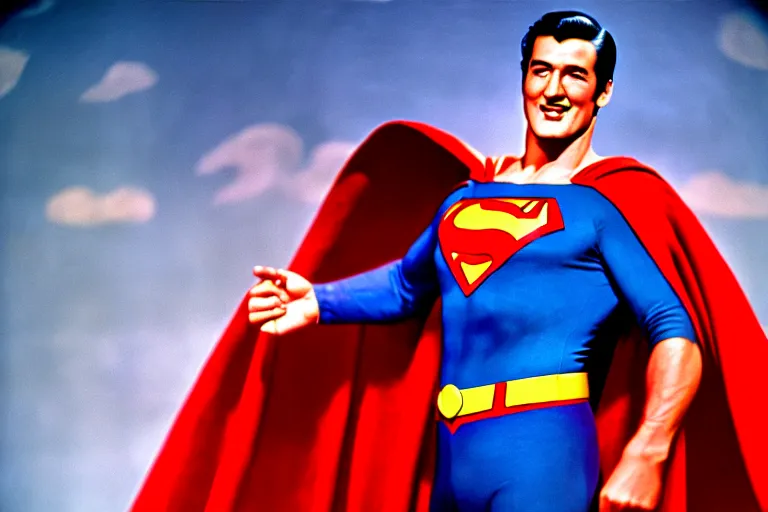 Image similar to rock hudson playing superman in, superhero, dynamic, 3 5 mm lens, heroic, studio lighting, in colour