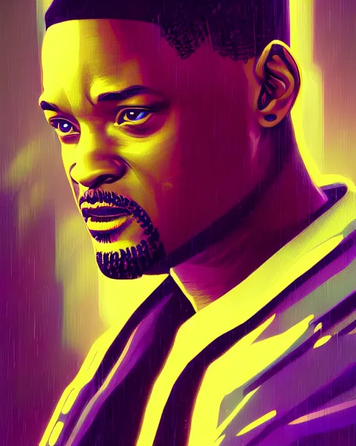 Image similar to portrait of cyberpunk will smith, grim - lighting, high - contrast, intricate, elegant, highly detailed, digital painting, artstation, concept art, smooth, sharp focus, illustration