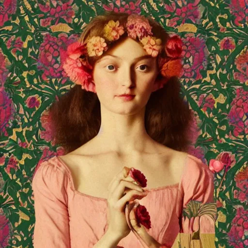 Image similar to a lot of flowers patterns morphing in a beautiful girls face, baroque wallpaper, film still by wes anderson, depicted by balthus, limited color palette, very intricate, art nouveau, highly detailed, lights by hopper, soft pastel colors, minimalist