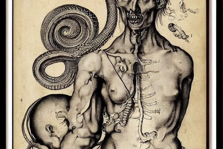 Image similar to anatomical diagram of a snake oil salesman by Albrecht Dürer