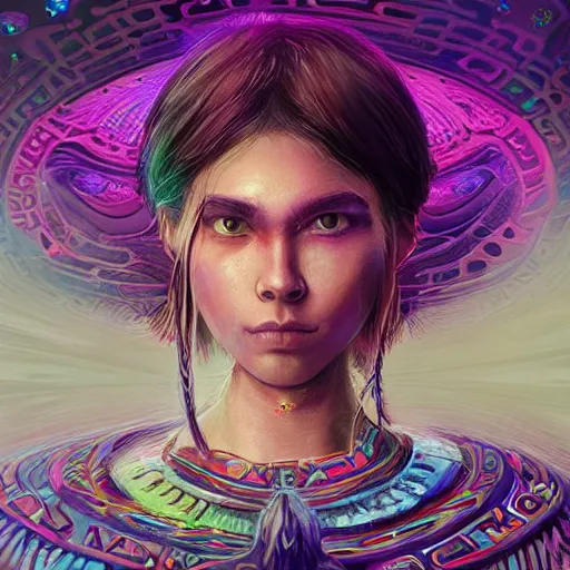 Image similar to portrait of a future metaverse Ayahuasca tech shaman warrior, 2D cartoon, visionary art, symmetric, Magick symbols, holy halo, shipibo patterns, sci-fi, concept art, trending on art station, 8k digital art, by Mandy Jurgens, fantasy portrait art, anime