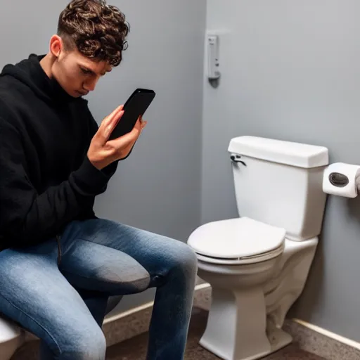 Prompt: a young man sitting on top of the toilet scrolling tiktok on his iphone, distant thoughtful look