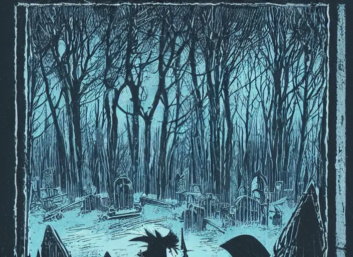 Image similar to blue woodcut print, halloween witch in graveyard at midnight by greg rutkowski, fine details, highly detailed