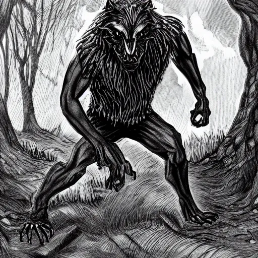 Prompt: a chained man slowly turning into a werewolf at a dusky forest, in the elden ring style