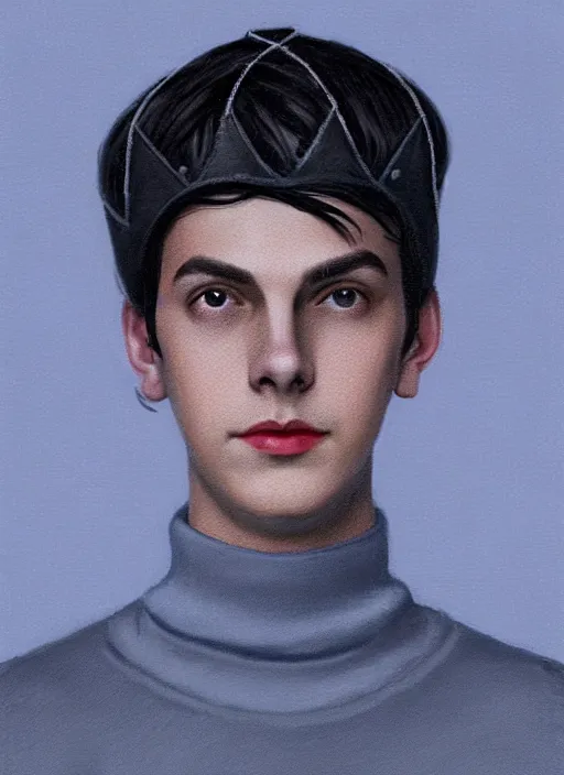 Image similar to portrait of teenage jughead jones wearing a light grey crown, crown, blue turtleneck, 1 9 5 0 s, closed eyes, photorealistic, black hair, glowing lighting, intricate, elegant, glowing lights, highly detailed, digital painting, artstation, concept art, smooth, sharp focus, illustration, art by wlop, mars ravelo and greg rutkowski