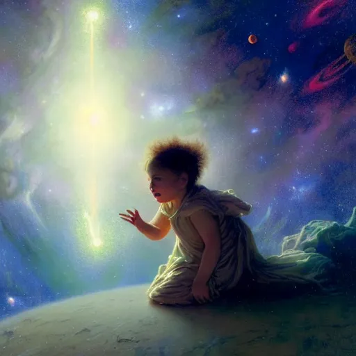 Image similar to a lonley and gloomy baby in middle of space surrounded by colorful stars planets and galaxies, high detail, by gaston bussiere, bayard wu, greg rutkowski, odd nerdrum, maxim verehin, dan dos santos, masterpiece, sharp focus, cinematic lightning