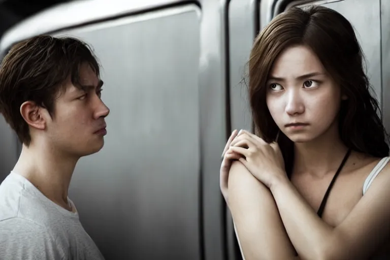 Image similar to vfx movie closeup couple in a train station flat color profile low - key lighting award winning photography arri alexa cinematography, beautiful natural skin, famous face, atmospheric cool color - grade