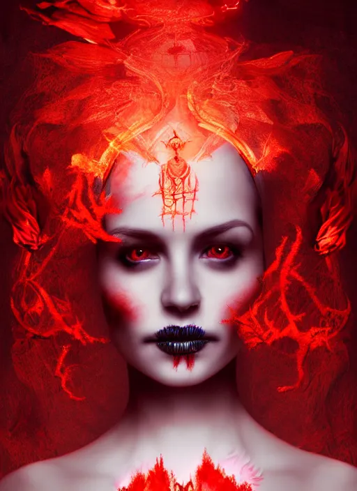 Prompt: a beautiful detailed 3 d matte painting, variations around female, queen, necromancer, symmetrical features, vertical portrait, skeleton, whirling smoke, embers, red adornements, red torn fabric