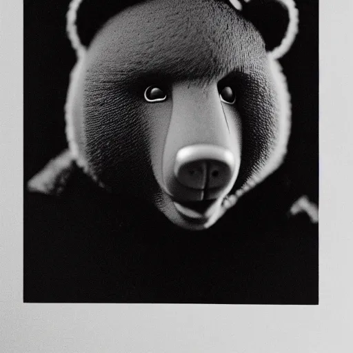 Image similar to a ( ( chiaroscuro lighting portrait ) ) of kanye west ( ( ( dressed as teddy bear mascot ) ) ), black background, ( ( ( portrait by julia margaret cameron ) ) ), shallow depth of field, 8 0 mm, f 1. 8