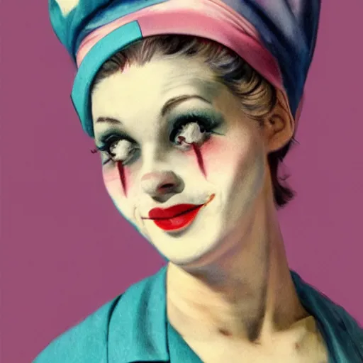 Prompt: retro 1 9 5 0 s clowncore pastel punk hospital nurse wearing stylish head - wear. detailed, portrait, 8 k, artwork by jean - baptiste monge