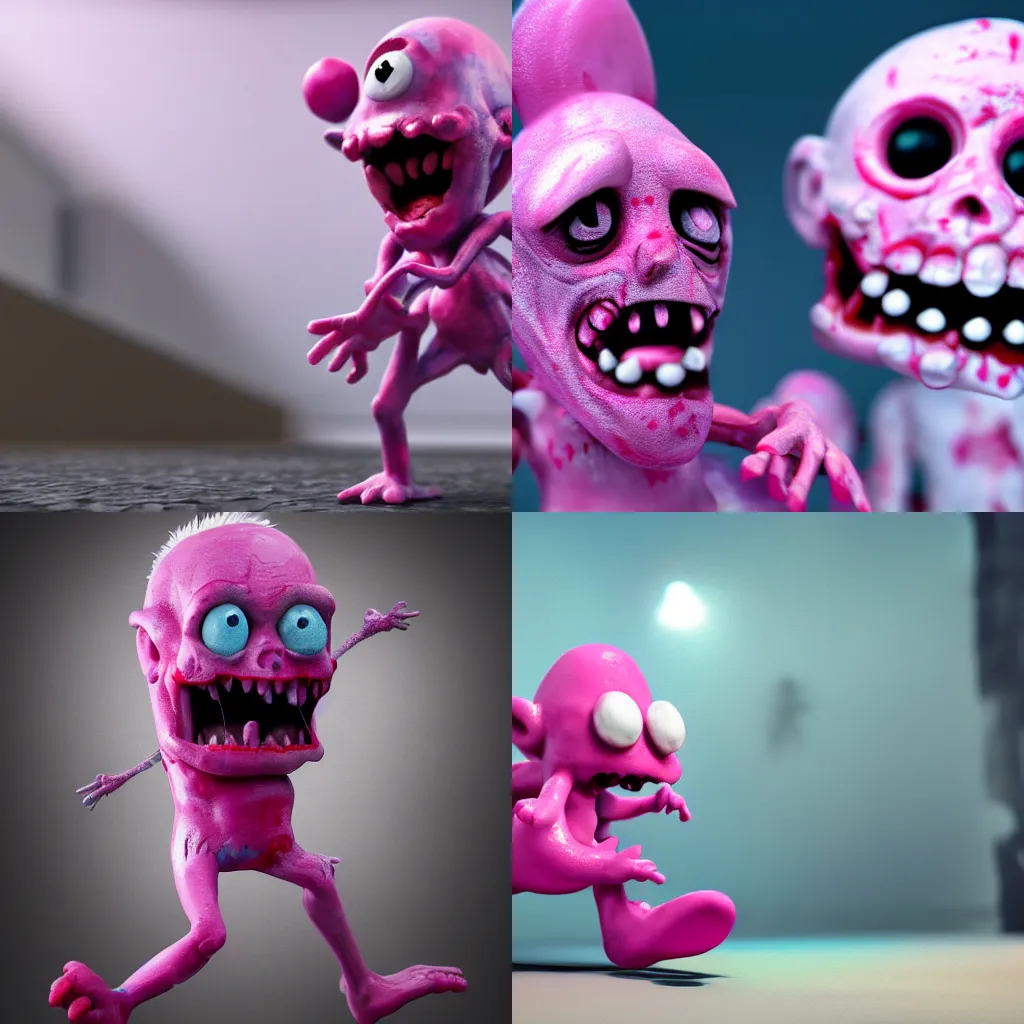 Prompt: pink zombie smurf attacks a cartoon, hyper realism, cinematic, high detail, 8k, octane render, depth of field