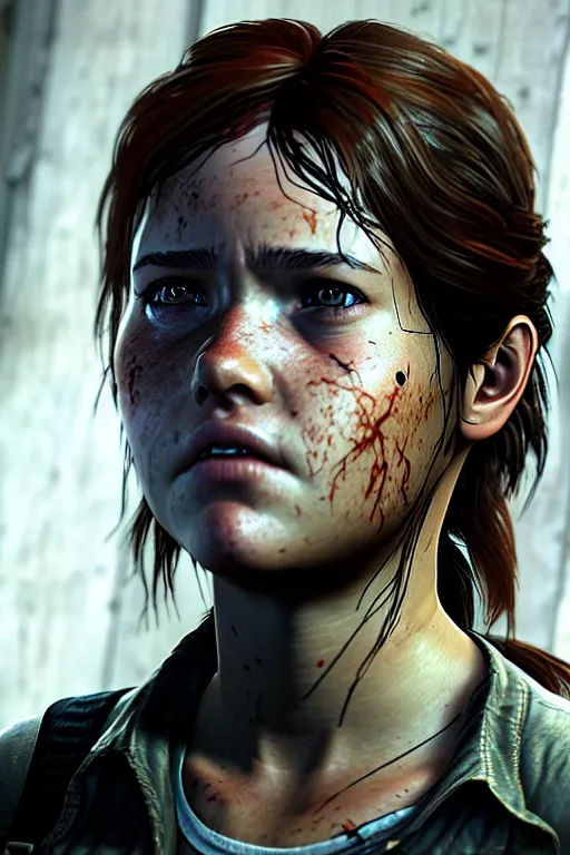 Image similar to ultra realistic facial portrait of ellie from the last of us part 2, digital art, character portrait, highly detailed, trending on artstation, lens flare, atmosphere, hyper realistic, cinematic lightning, sharp focus, unreal engine 5, extreme details perfect face, pretty face, fine - face, illustration, 8 k, ultra texture, masterpiece