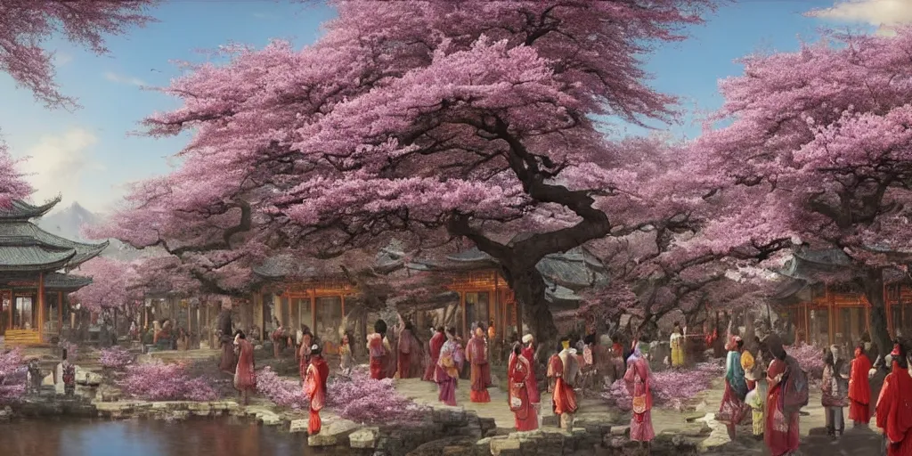 Image similar to a street in a ancient chinese characteristics. it has a high degree of fantasy. cherry blossom forest, there are pavilions in the air, koi jumping in the air, and fairy birds and animals such as cranes and deer coexist with people. it is the life scene of the ancient people, a detailed matte painting by christophe vacher and albert bierstadt