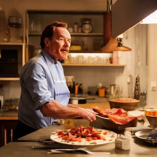 Prompt: bryan cranston cooking up a nice bacon cabonara pasta in the kitchen, cinematic lighting, hd 4 k photo