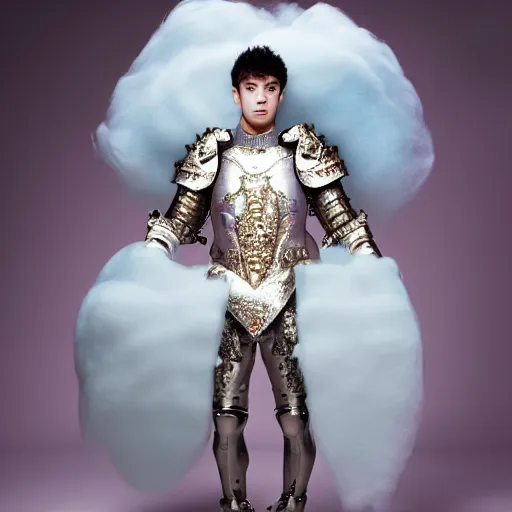 Image similar to a portrait of a beautiful young male wearing an alexander mcqueen armor made of cotton candy , photographed by andrew thomas huang, artistic