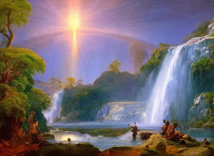 Prompt: epic waterfall planetscape, glowing river scene, serene mood, in style of frederic edwin church