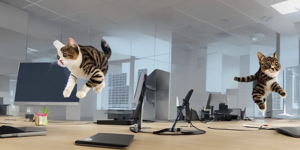 Prompt: wide angle photo of an active happy funny cat jumping over a computer and monitor in an office building interior, funny, humor, octane render, unreal render, film still