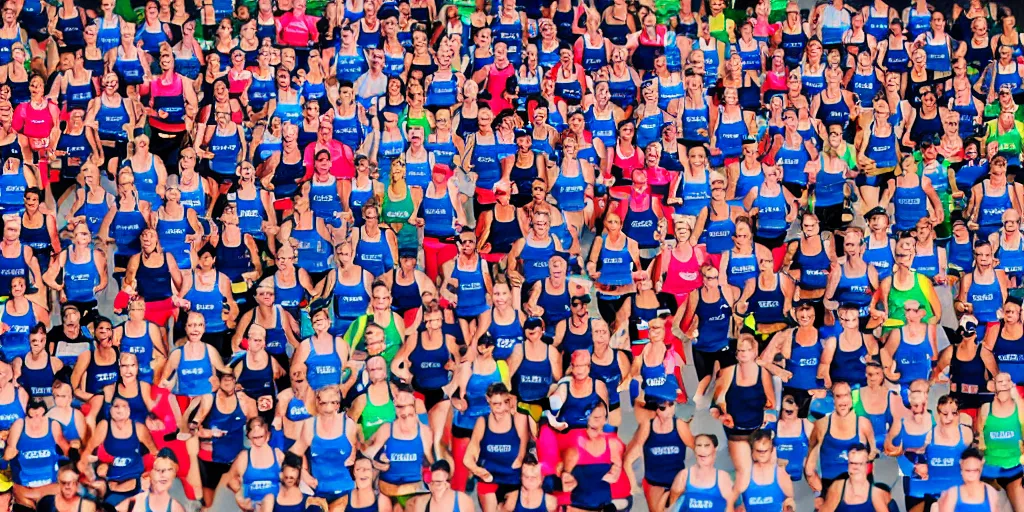 Prompt: detailed photo of marathon runners in a long row, frontal, studio background, studio lighting, fashion shoot, detailed, diverse crowd, new balance colours