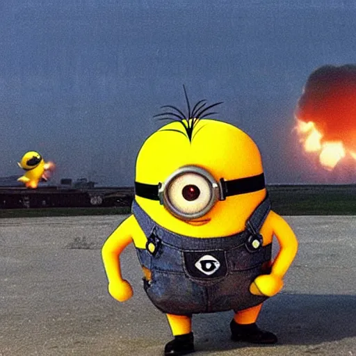 Prompt: minion paratroopers with a nuclear explosion in the background, planes are bombing baghdad