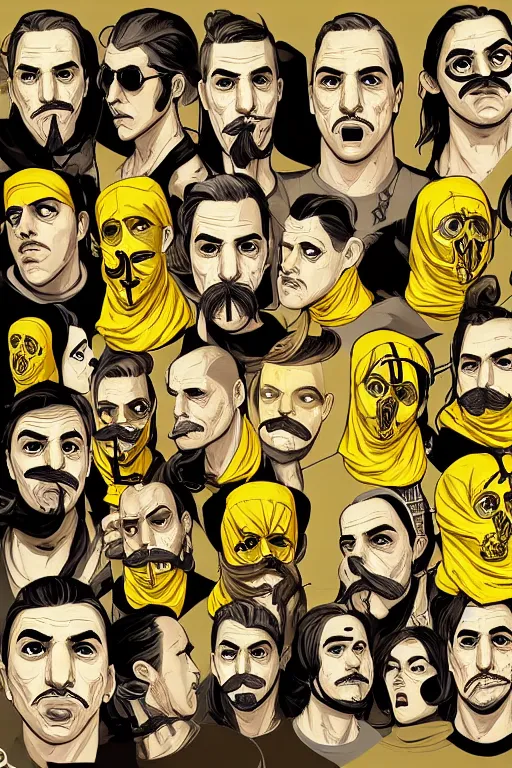 Prompt: saints street gang wear yellow bandanas, and some of them have thick mustaches, full body portrait, artgrem, illustration, concept art, pop art style, dynamic comparison, fantasy, bioshock art style, gta chinatowon art style, hyper realistic, face and body features, without duplication noise, hyperdetails, differentiation, sharp focus, intricate