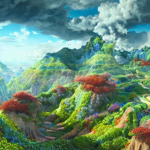 Prompt: the landscape of an unimaginable and beautiful place made of light with all types of colorful vegetation in the clouds, an ultrafine hyperdetailed illustration by kim jung gi, irakli nadar, intricate linework, bright colors, octopath traveler, final fantasy, unreal engine 5 highly rendered, global illumination, radiant light, detailed and intricate environment