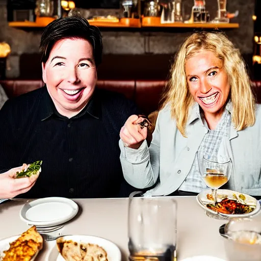 Prompt: portait of michael mcintyre and middle aged blonde woman with short hair and a blonde woman with long hair having dinner at sunday in brooklyn restaurant, greg rutkowsk