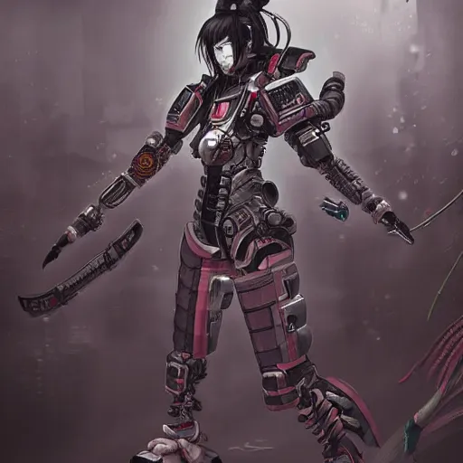 Prompt: female samurai cyborg, mech, cyberpunk, intricate details, highly detailed, concept art. Art by Nivanh Chanthara