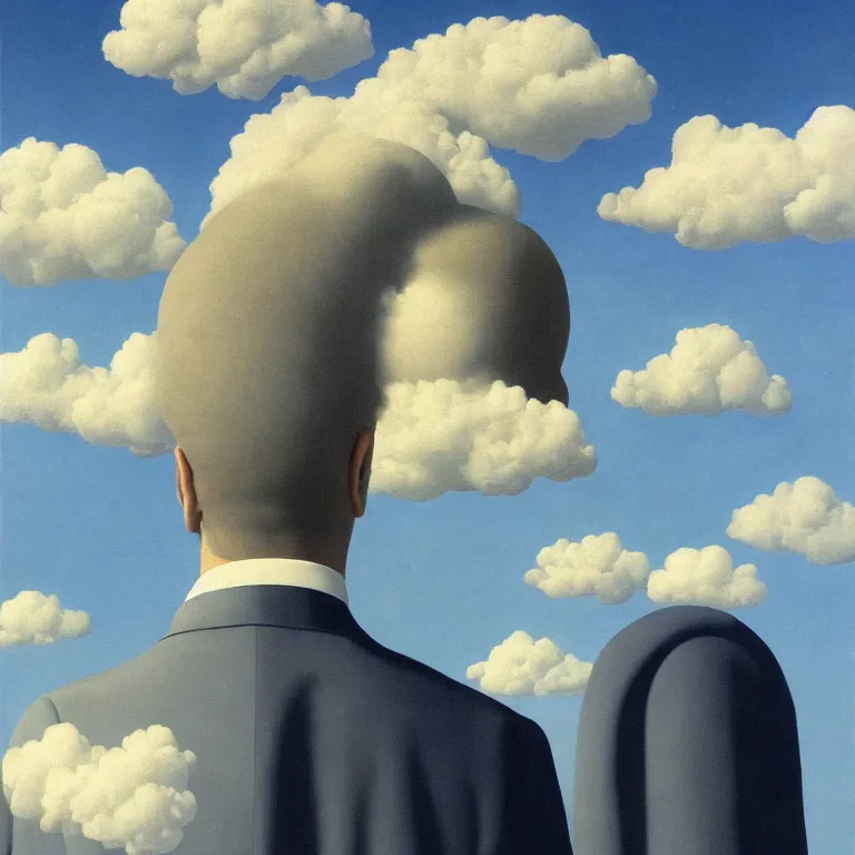 Image similar to cloud - man, by rene magritte, centered, detailed painting, hd, hq, high resolution, high detail, 4 k, 8 k