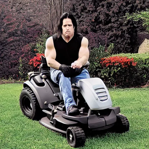 Prompt: glenn danzig on a riding lawn mower,