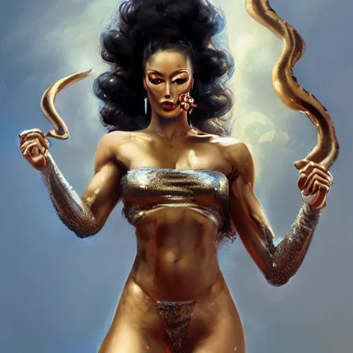 Image similar to detailed oil portrait of tall hyper - muscular shining bronze - skinned warrior woman with silver eyes, full body, with long wavy flowing black hair and big gold earrings, jewelry, red lipstick, makeup, feminine, volumetric lighting, dynamic composition, art by boris vallejo and sachin teng and sergey kolesov and ruan jia and heng z, scifi, concept art