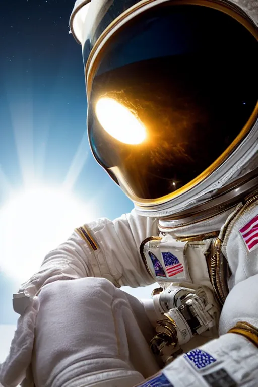 Image similar to extremely detailed studio portrait of space astronaut, holds a smart phone in one hand, phone!! held up to visor, reflection of phone in visor, moon, extreme close shot, soft light, golden glow, award winning photo by nasa