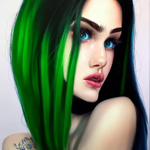 Image similar to photorealistic portrait of beautiful toxic girl, black hair, blue eyes, smooth face, perfect eyes, half body shot, elegant, realistic, glowing skin, detailed face, green colours, sharp focus