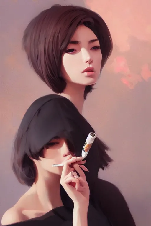 Image similar to A ultradetailed beautiful panting of a stylish woman smoking a cigarette, Oil painting, by Ilya Kuvshinov, Greg Rutkowski and Makoto Shinkai