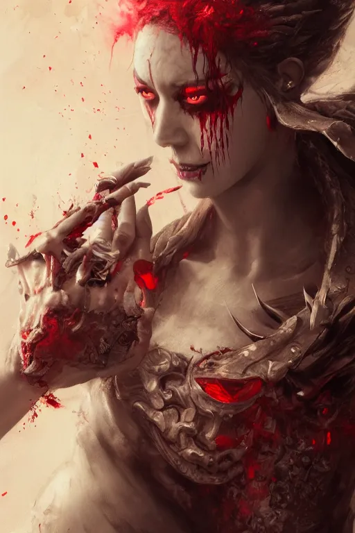 Prompt: face closeup of beautiful girl necromancer, witch - doctor covered in blood, fallen angel, diablo, 3 d render, hyper - realistic detailed portrait, holding fire and electricity, ruan jia, wlop. scifi, fantasy, magic the gathering, hyper detailed, octane render, concept art, peter mohrbacher