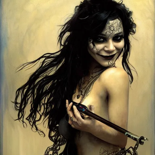 Image similar to beautiful portrait of vanessa hudgens as death from sandman, smiling, by cedric peyravernay, alphonse mucha, by jeremy mann, by lecouffe deharme, goth chic, soft lightning, eyeliner, punk rock, high detailed, 8 k