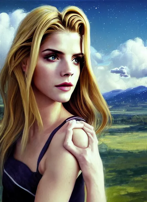 Image similar to portrait of a combination of Ashley Greene, Katheryn Winnick, Victoria Justice and Adriana Dxim, Grace Kelly, Emma Watson and Lily Collins with blonde hair as Sailor Moon, countryside, calm, fantasy character portrait, dynamic pose, above view, sunny day, thunder clouds in the sky, artwork by Jeremy Lipkin and Giuseppe Dangelico Pino and Michael Garmash and Rob Rey and Greg Manchess and Huang Guangjian, very coherent asymmetrical artwork, sharp edges, perfect face, simple form, 100mm