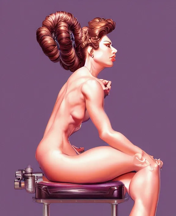 Image similar to beauty woman sitting on a stool, dramatic lighting, mechanical details, back facing, electrical details, high details, 4k, 8k, trending on artstation, by Hajime Sorayama and Boris Vallejo