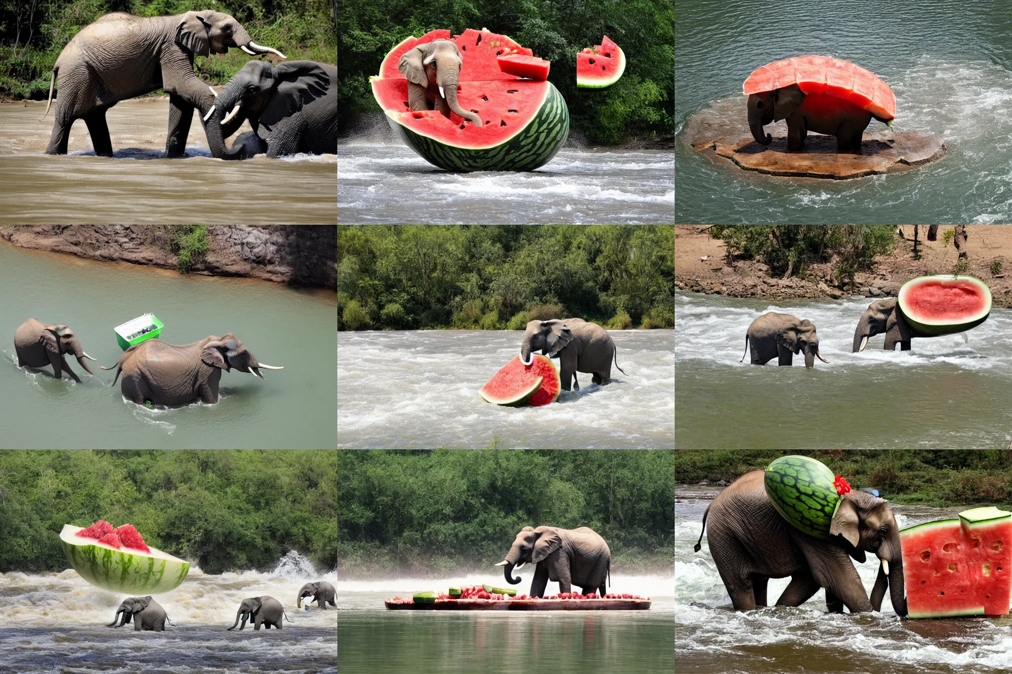 Prompt: an elephant sits in a crust from under a watermelon and floats on it along a river with white water