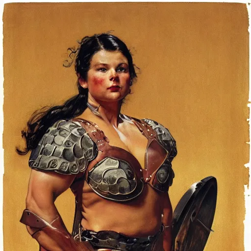 Image similar to portrait of a beautiful savage muscular barbarian female with light leather armor, by norman rockwell